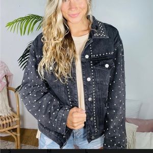 POL Blk denim distressed jacket with stud accents